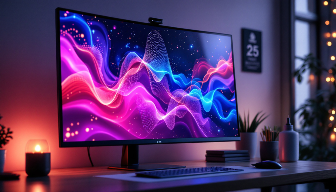 A photograph of a sleek 32-inch 4k touch screen monitor displaying vibrant