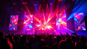 A photograph of a vibrant led display in action during a live sound and light show