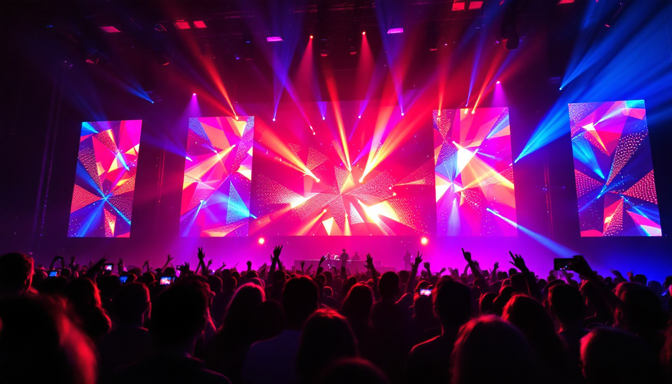 A photograph of a vibrant led display in action during a live sound and light show