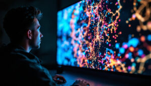 A photograph of a person intently watching a video on a large led display