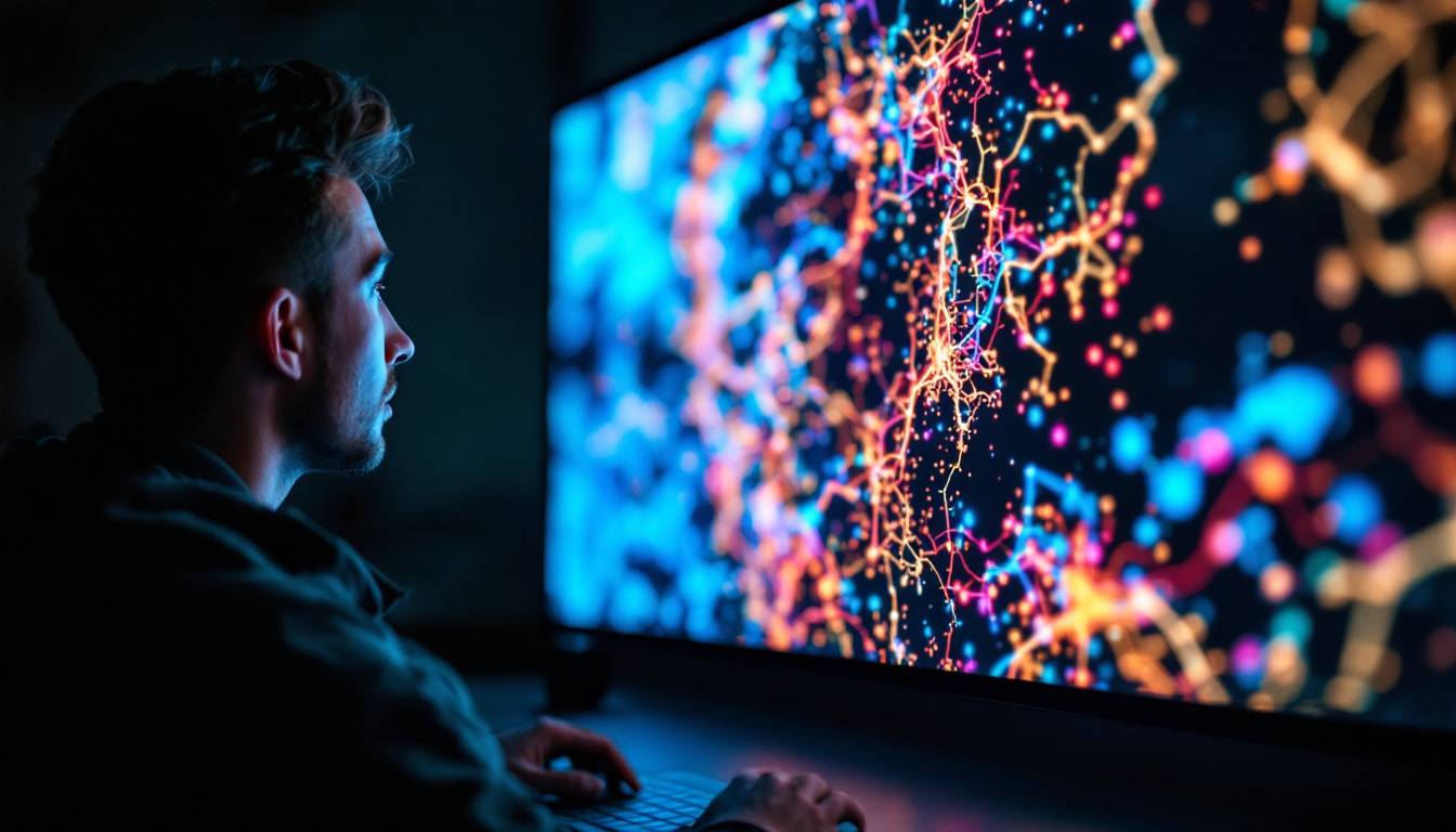 A photograph of a person intently watching a video on a large led display