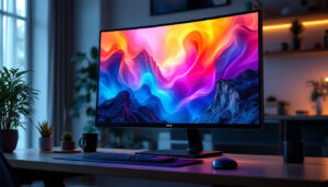 A photograph of a sleek 38-inch led monitor displaying vibrant