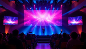 A photograph of a vibrant led display backdrop in a church setting