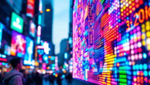 A photograph of capture a photograph of a vibrant led display in a bustling urban setting