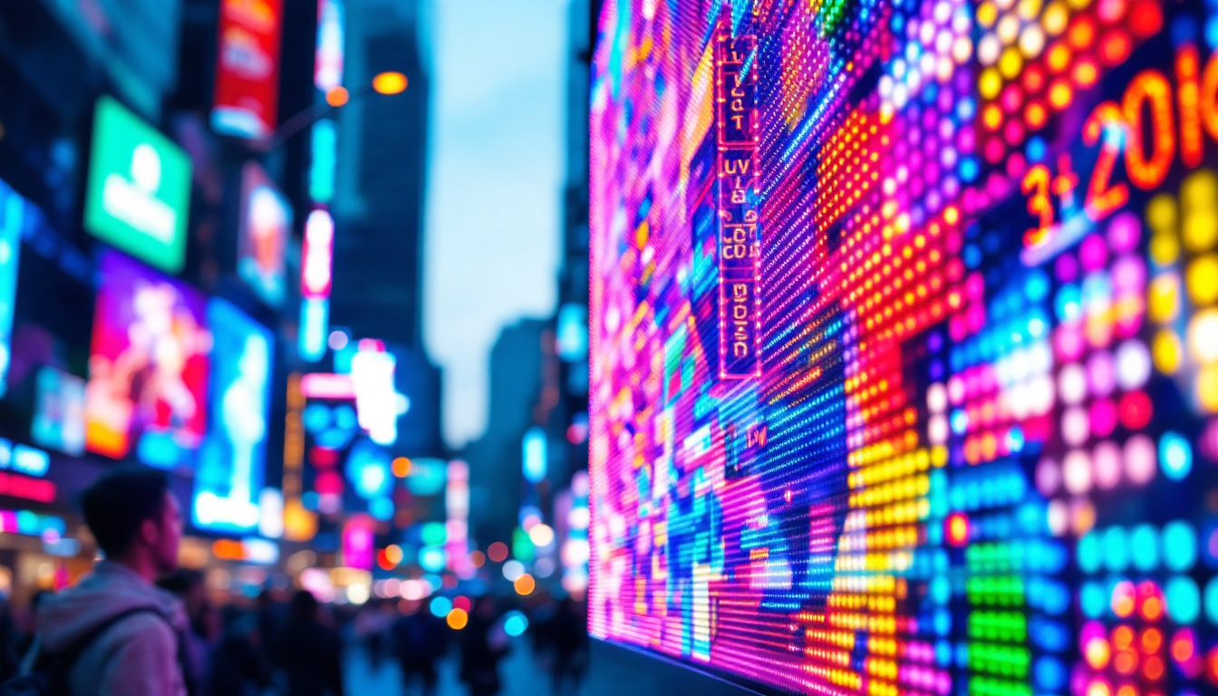 A photograph of capture a photograph of a vibrant led display in a bustling urban setting