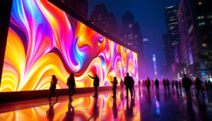 A photograph of a vibrant led display in a dynamic urban setting