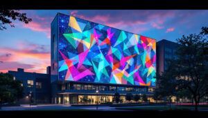 A photograph of capture a photograph of the emory health sciences research building's striking led display