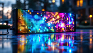 A photograph of a vibrant led display showcasing dynamic colors and patterns