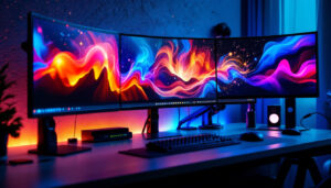 A photograph of a sleek workspace featuring a quad monitor setup