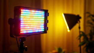 A photograph of a vibrant led panel video light in action