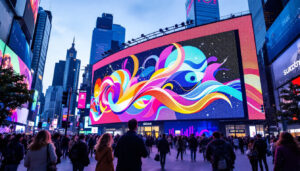 A photograph of a vibrant led display in a bustling urban setting