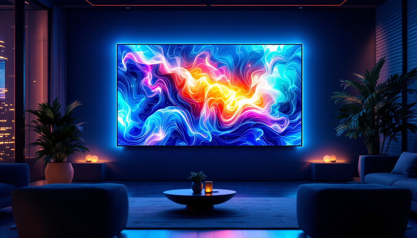 A photograph of a large plasma screen displaying vibrant visuals in a modern setting