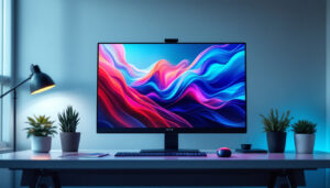 A photograph of a sleek led monitor displaying vibrant colors and sharp images