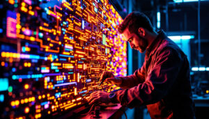 A photograph of a skilled technician working on an led display