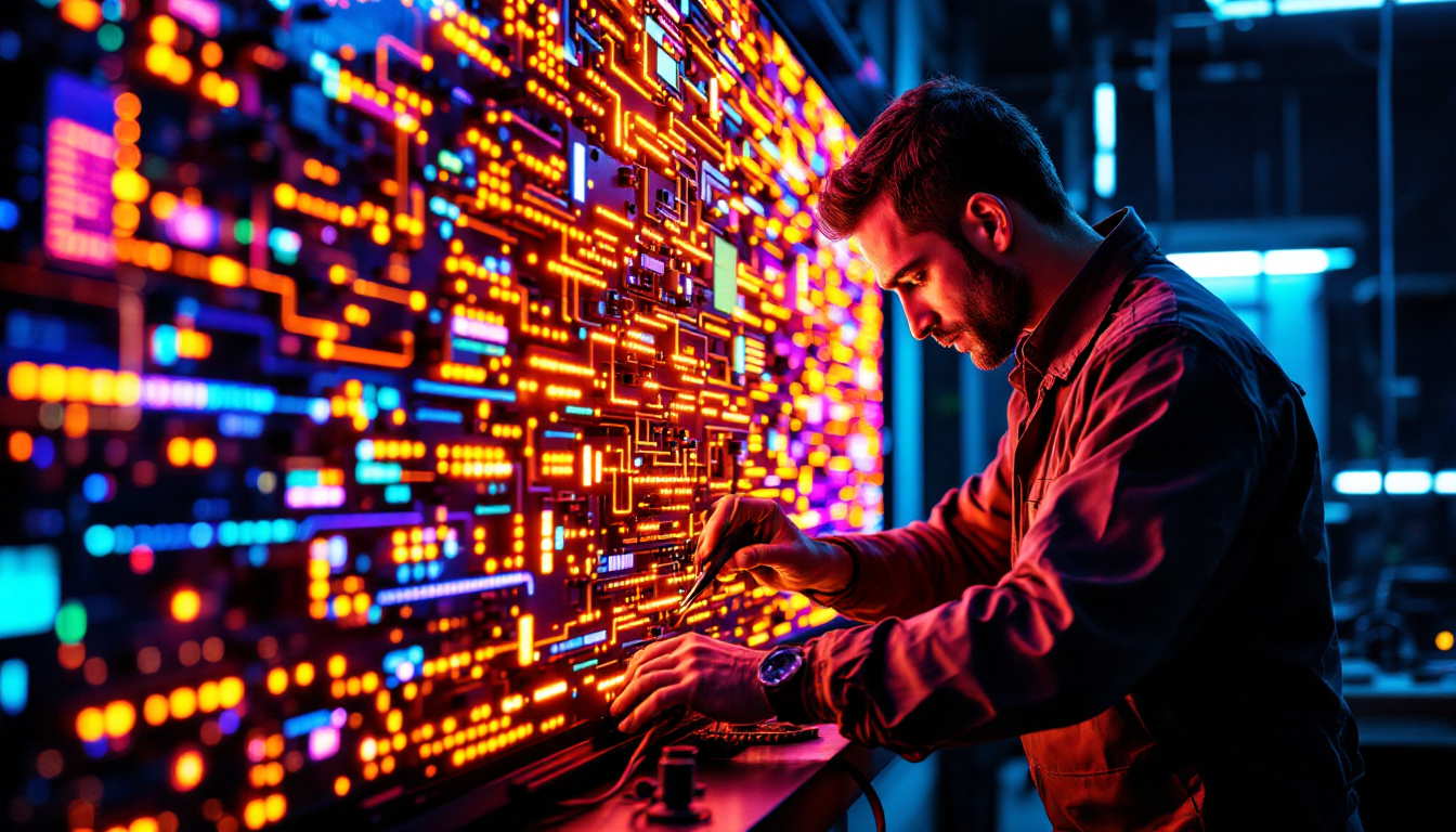 A photograph of a skilled technician working on an led display
