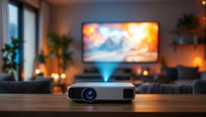 A photograph of a modern projector set up in a stylish home or event space