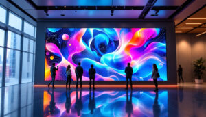 A photograph of a vibrant led display wall in a modern setting