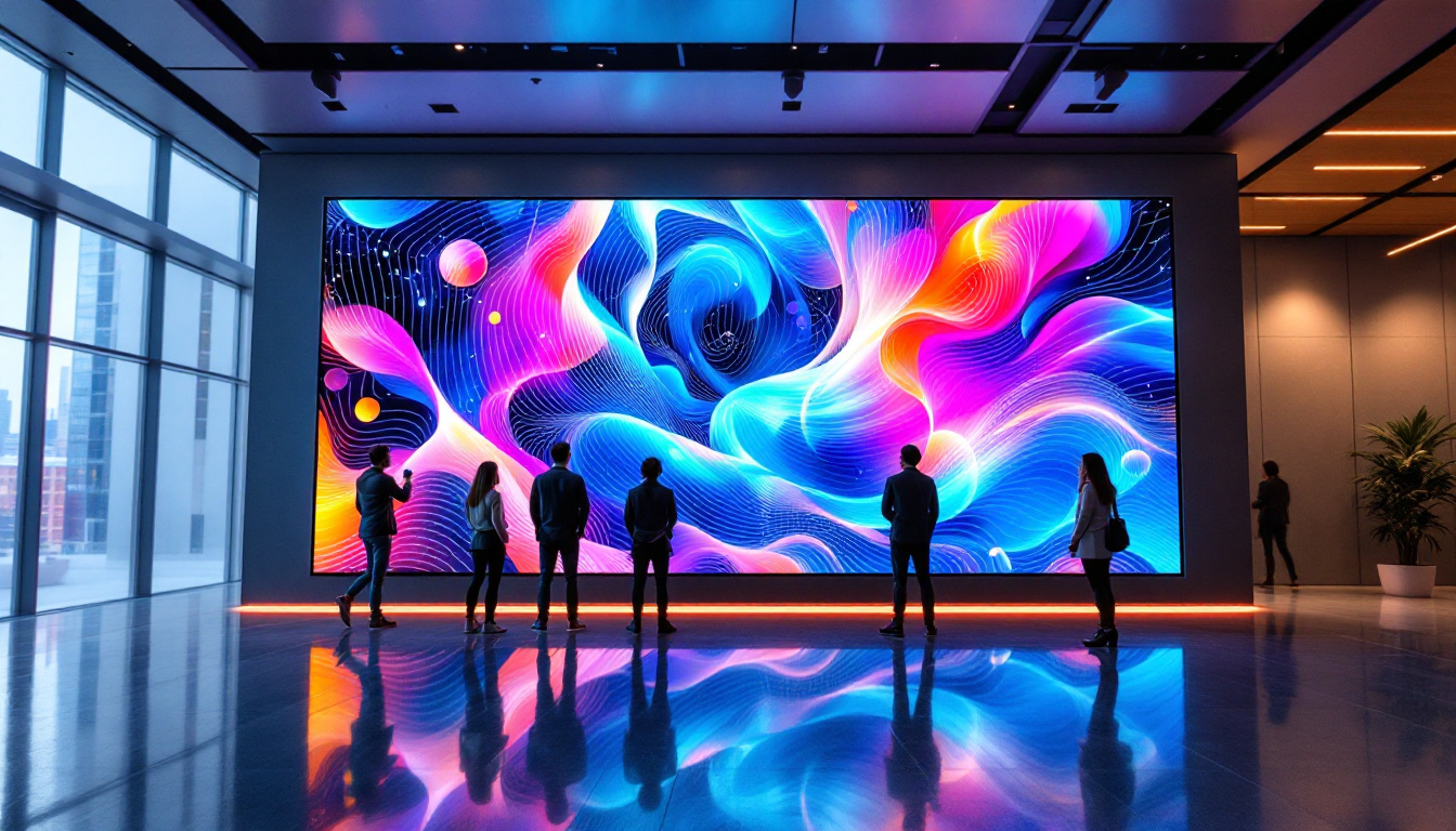 A photograph of a vibrant led display wall in a modern setting