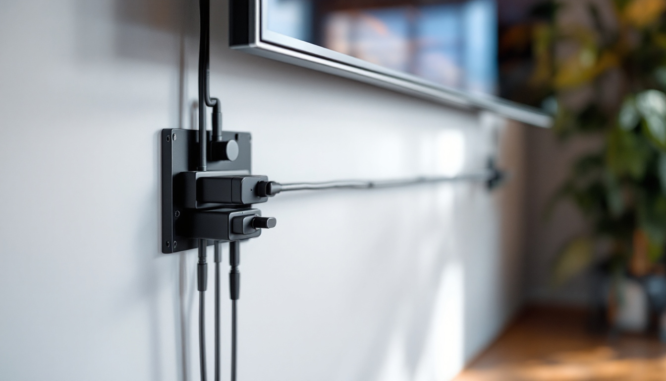 A photograph of a neatly organized in-wall cable management system