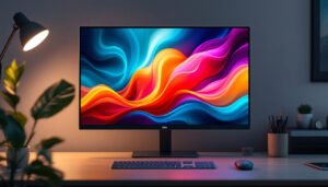 A photograph of a sleek flat screen led monitor displaying vibrant colors and sharp images