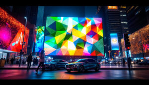 A photograph of a vibrant led display in an urban setting at night
