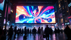A photograph of capture a photograph of a vibrant led display in a bustling urban setting