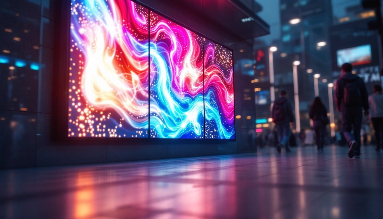 A photograph of capture a photograph of a vibrant exterior led display panel showcasing dynamic content in an urban setting