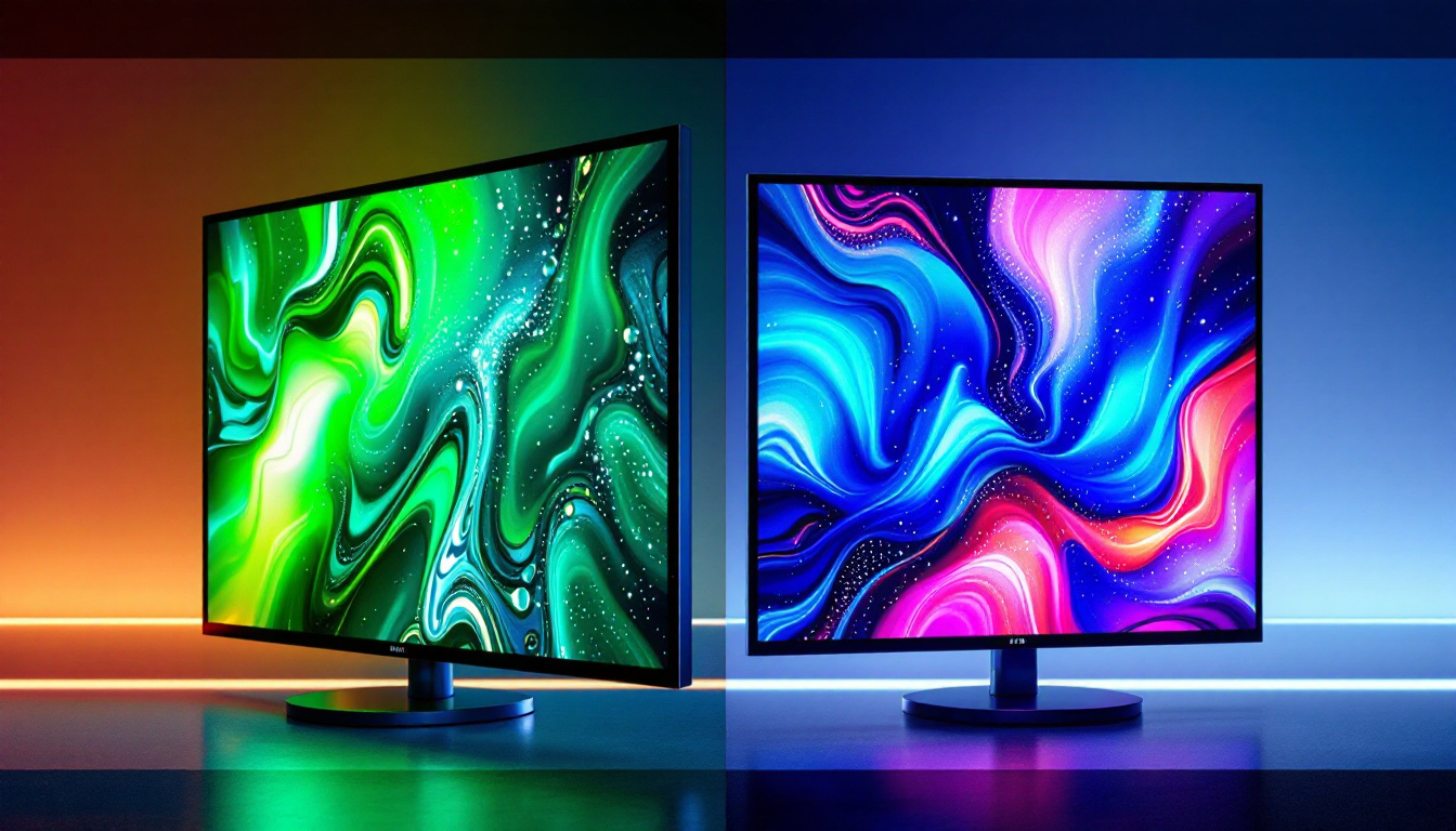 A photograph of a side-by-side comparison of an oled and an led display showcasing vibrant colors and contrast differences