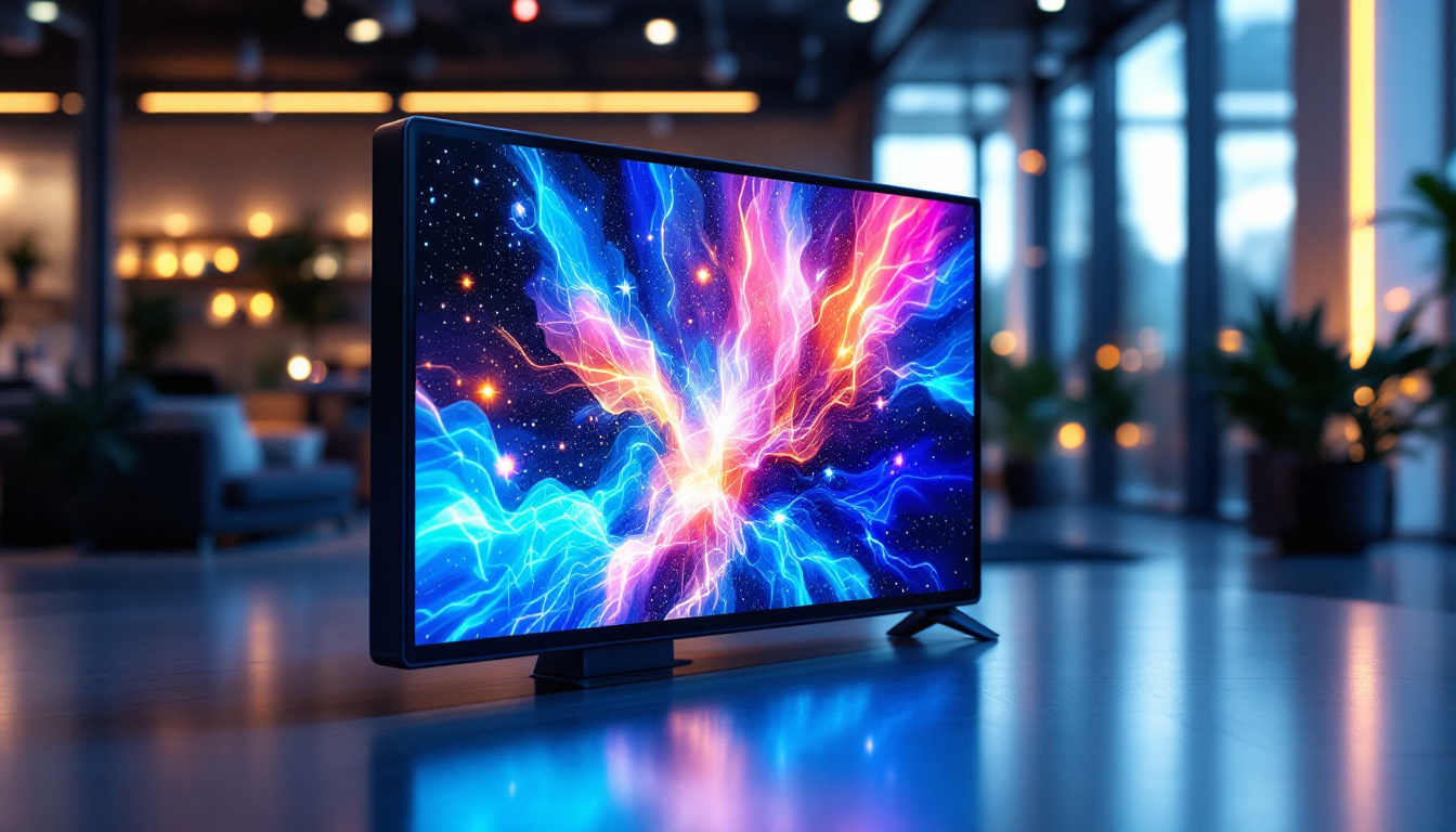 A photograph of a vibrant mini led screen displaying dynamic visuals in a modern setting