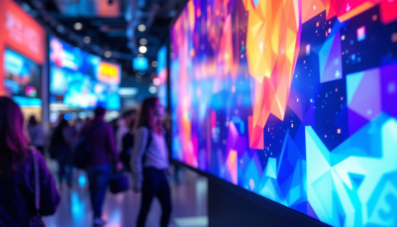 A photograph of a vibrant led display stand showcasing dynamic visuals or advertisements in a bustling environment
