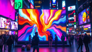 A photograph of a vibrant led display in a bustling urban setting