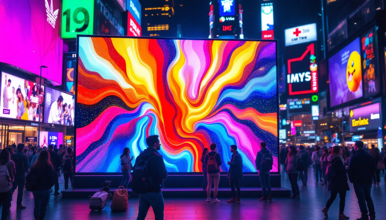 A photograph of a vibrant led display in a bustling urban setting