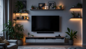A photograph of a stylish living room showcasing a wall-mounted led tv