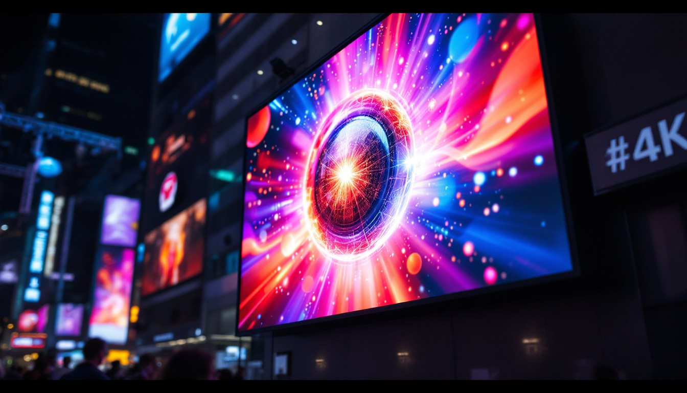 A photograph of a vibrant led display showcasing a dynamic 4k image