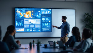A photograph of a classroom or conference room setting featuring a smart board in use