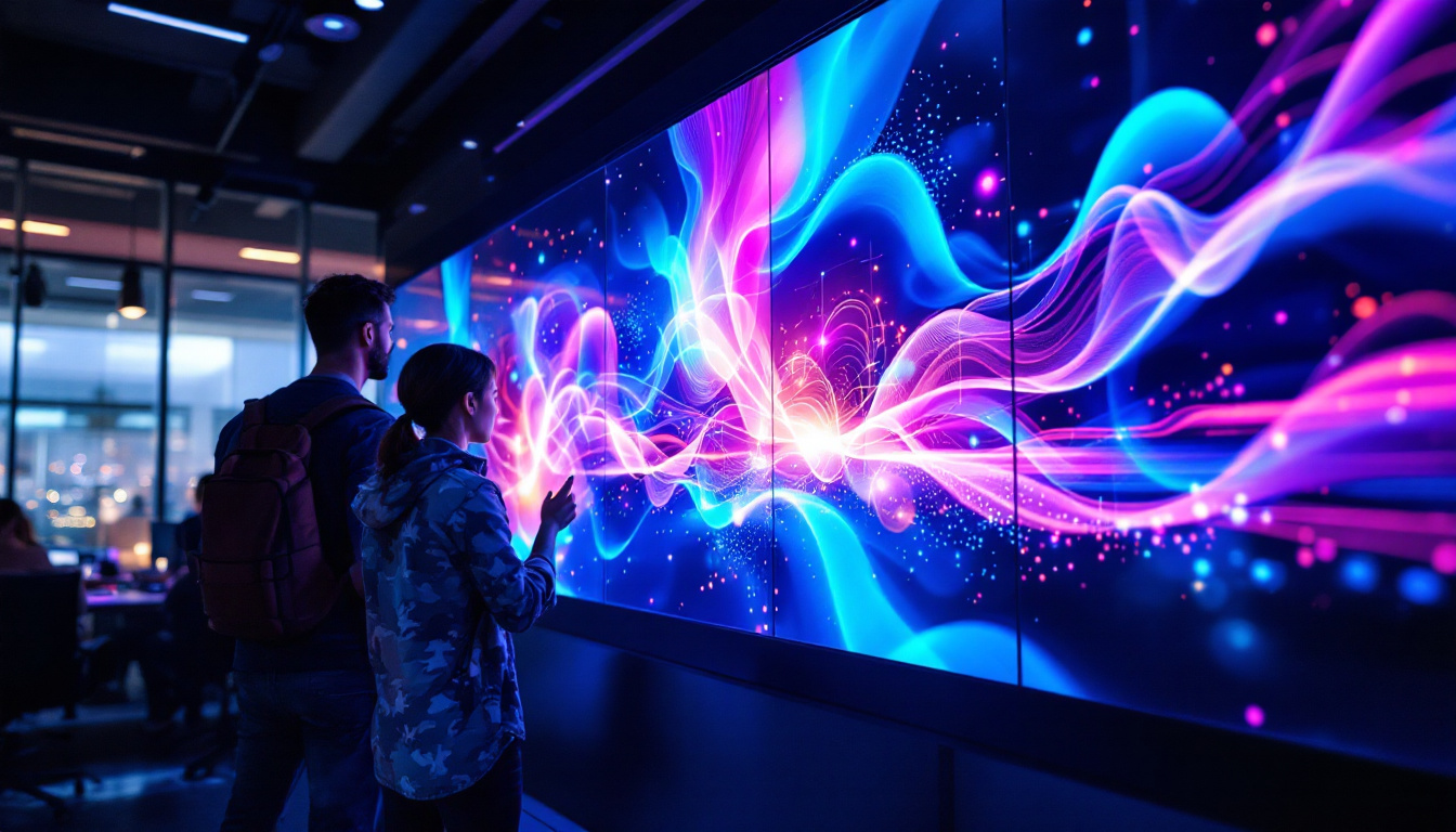 A photograph of a vibrant led flexible transparent film screen in use