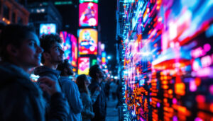 A photograph of a vibrant led display in an urban setting at night