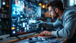 A photograph of a technician carefully examining the screen of a flat-screen led tv