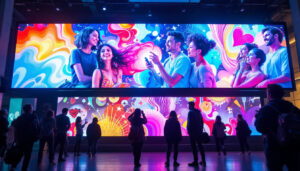 A photograph of a vibrant led display showcasing dynamic vertical video content