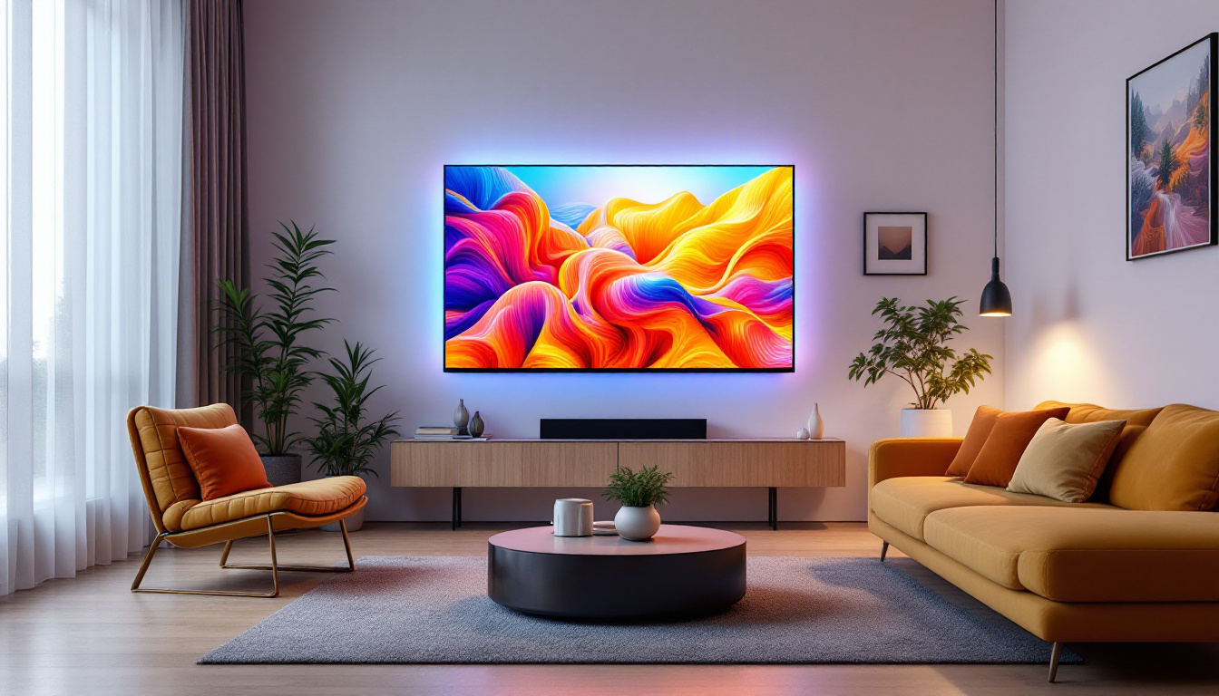 A photograph of a beautifully staged living room featuring an eye-catching led display that highlights its vibrant colors and modern design