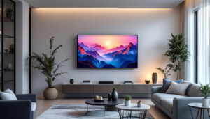 A photograph of a modern living room featuring a sleek wall-mounted led tv