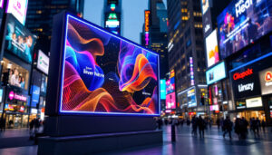 A photograph of a vibrant led signage board displaying dynamic graphics or text in a high-traffic urban environment