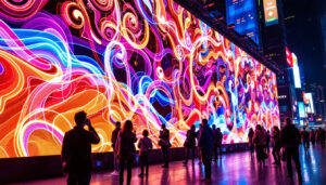 A photograph of capture a photograph of a vibrant led display in a dynamic urban setting