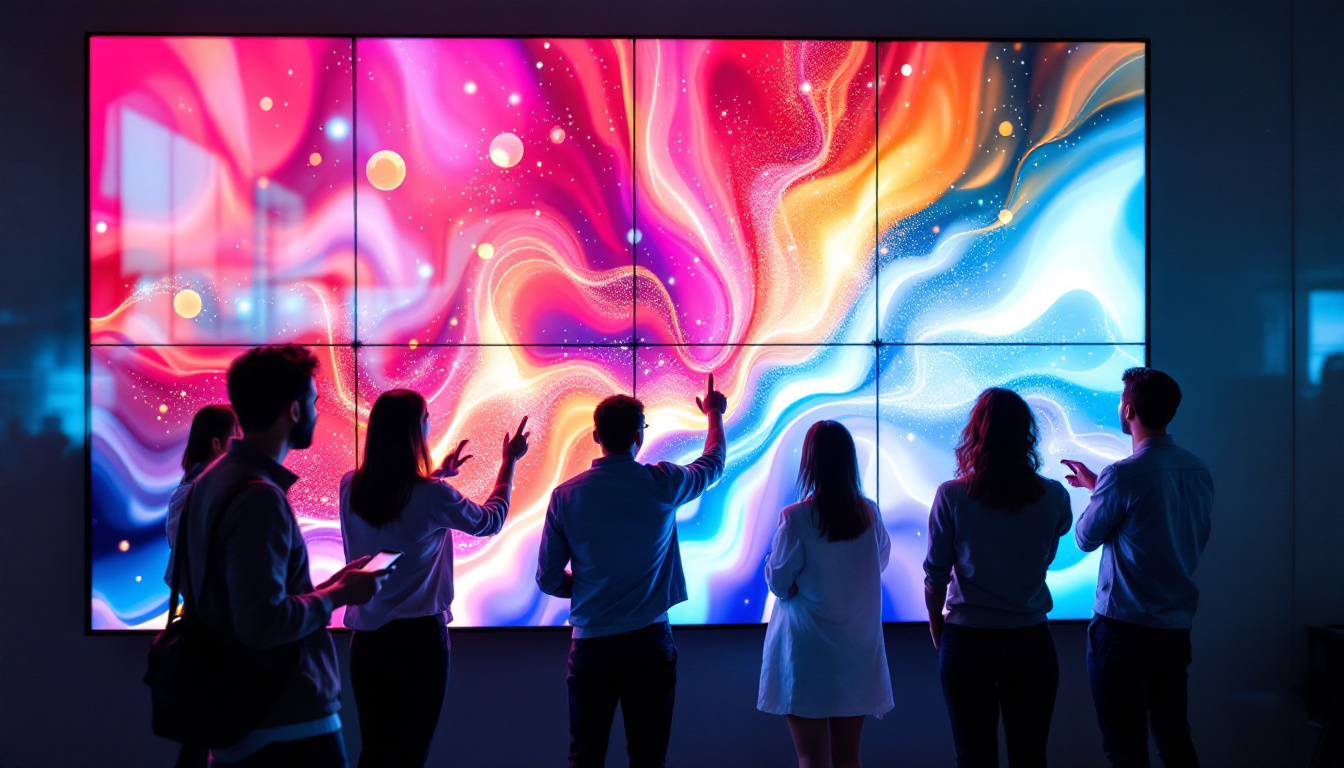 A photograph of a vibrant touch screen display wall in an interactive setting