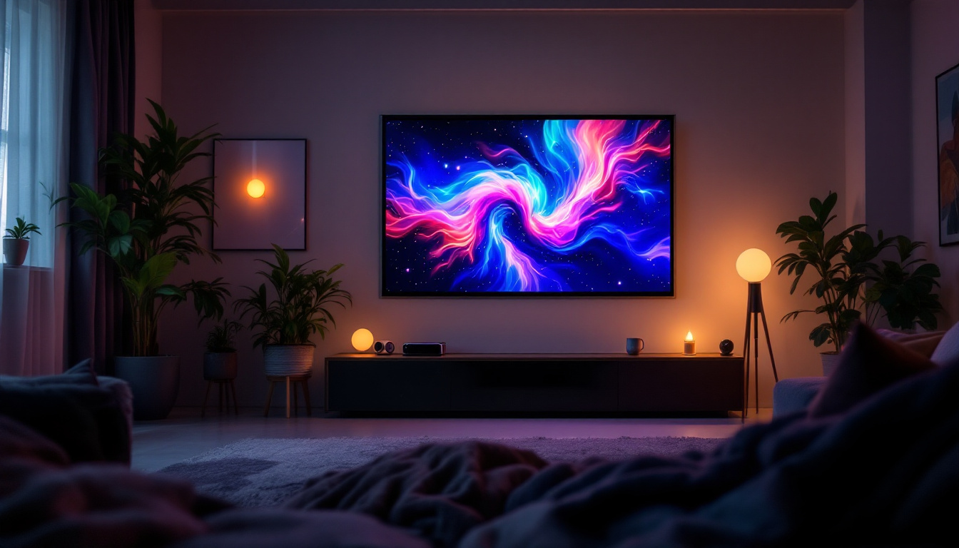 A photograph of a clear projector screen displaying vibrant visuals in a well-lit room
