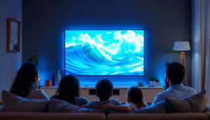 A photograph of a cozy living room setup featuring a large led hdtv