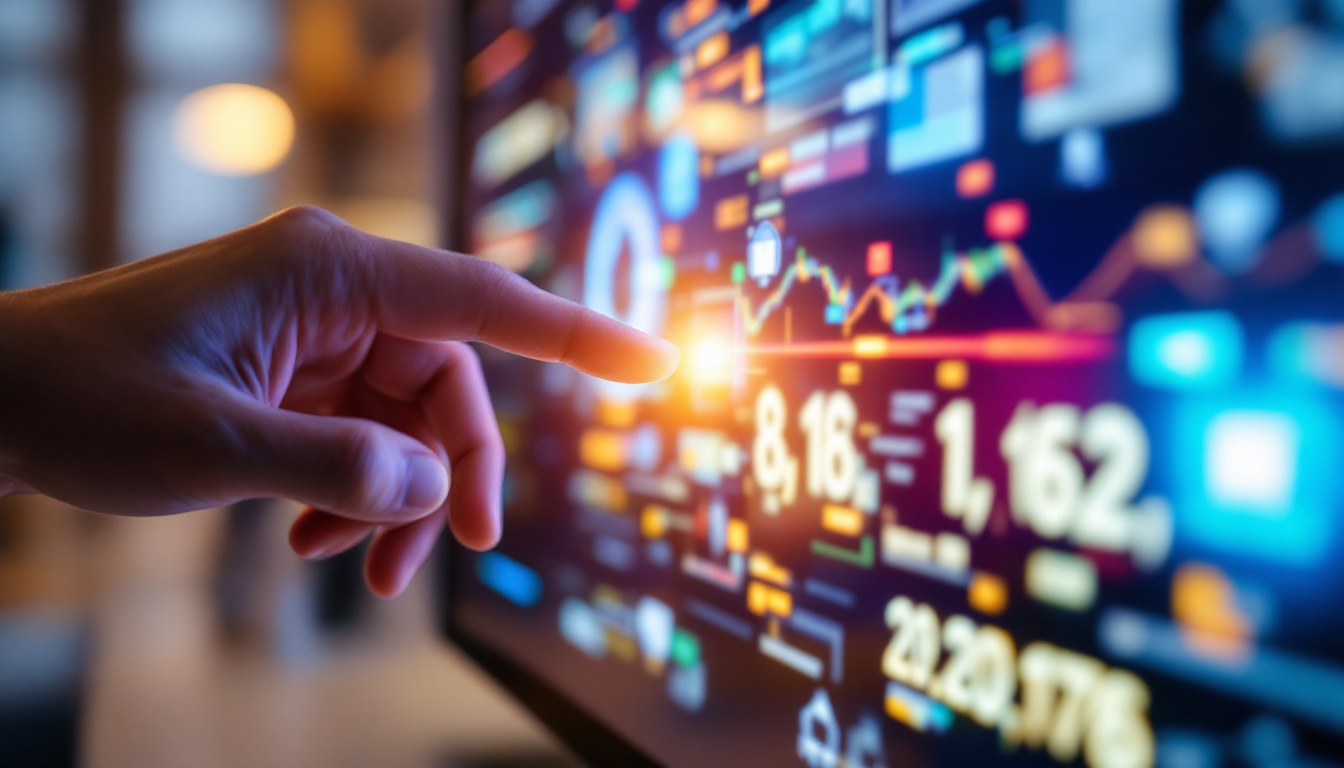 A photograph of a close-up shot of a vibrant touch screen monitor in use