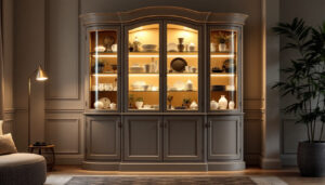 A photograph of capture a photograph of a beautifully styled curved china cabinet showcasing its led display