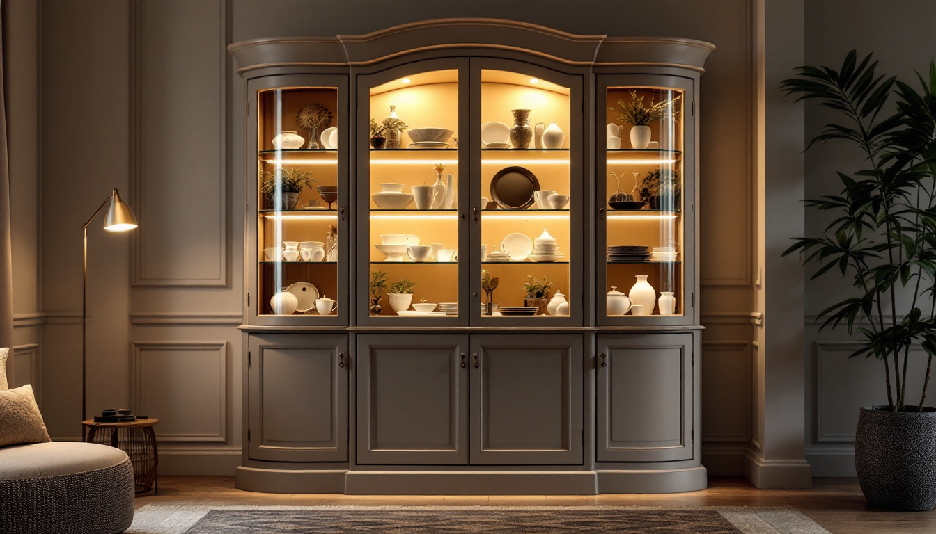 A photograph of capture a photograph of a beautifully styled curved china cabinet showcasing its led display