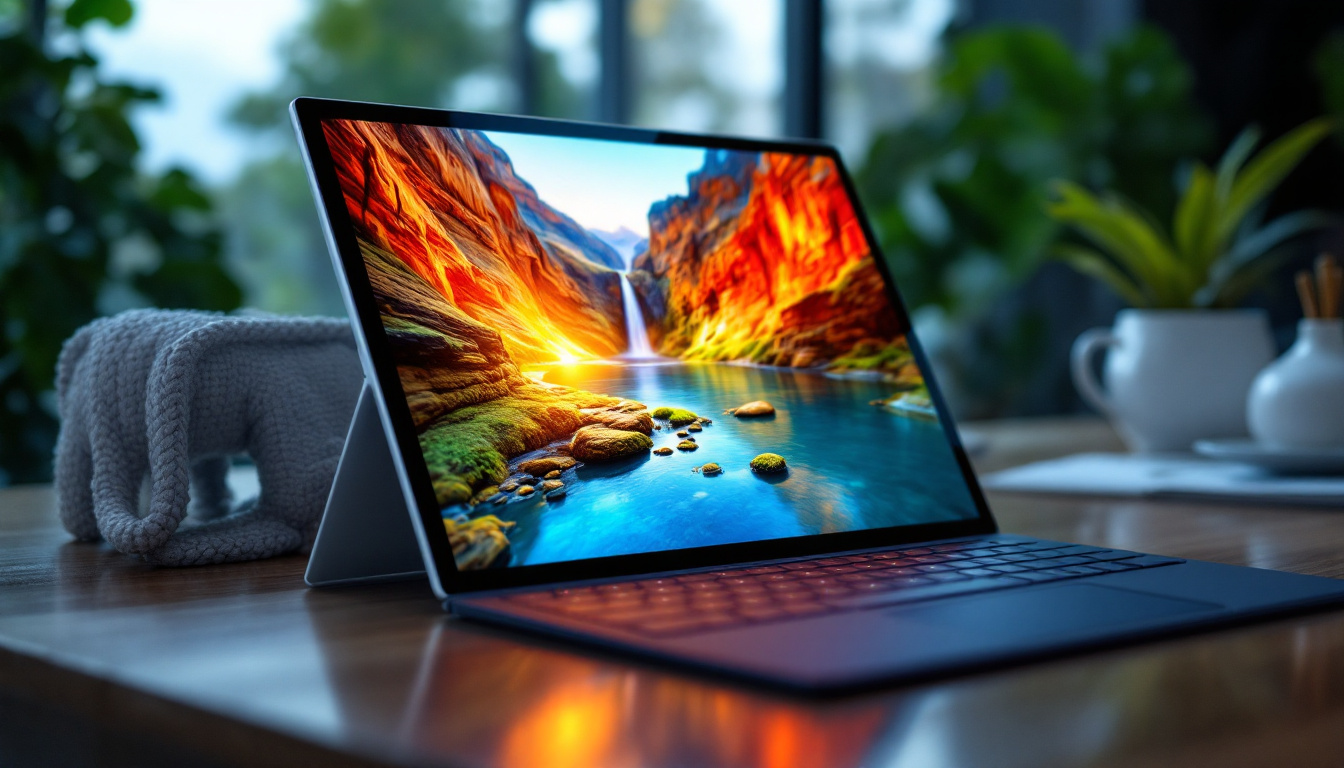 A photograph of a surface pro device displaying vibrant and detailed visuals on its led screen